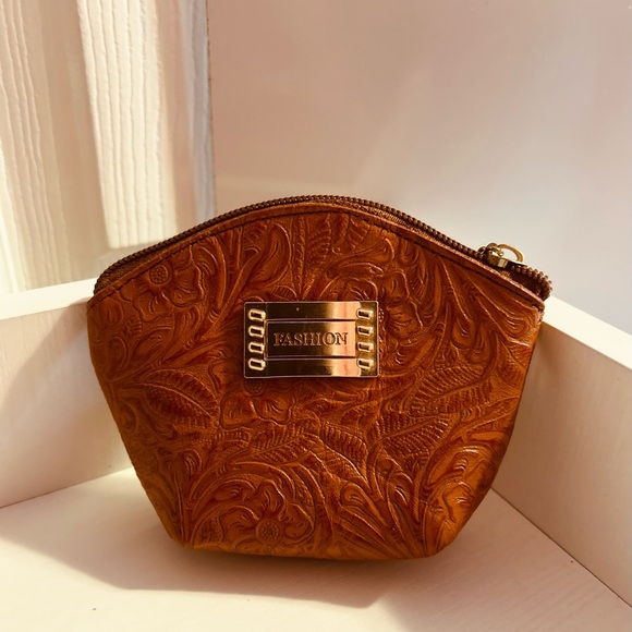 Handbags - COSMETIC BAG & COIN Bag, LEATHER Cosmetic Pouch, Hand tooled Leather, Artesanal